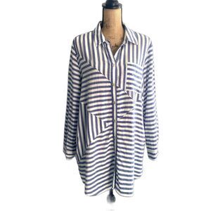 Chico's Lyocell Shirtdress Button Up Tunic Blue White Stripe Beachy Size 2 Large